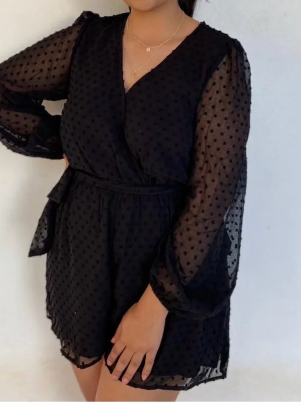 Black Swiss Dot Long Sleeve Romper